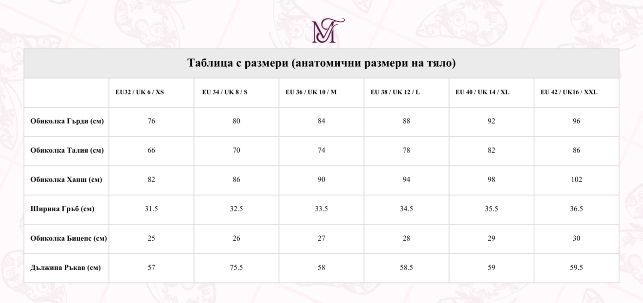 таблица с размери
